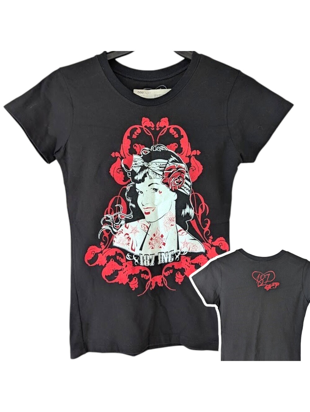 Vintage 187 Inc Tattoo Pinup Girl T-Shirt Womens M Black NWT Skater Y2K 16.5x26